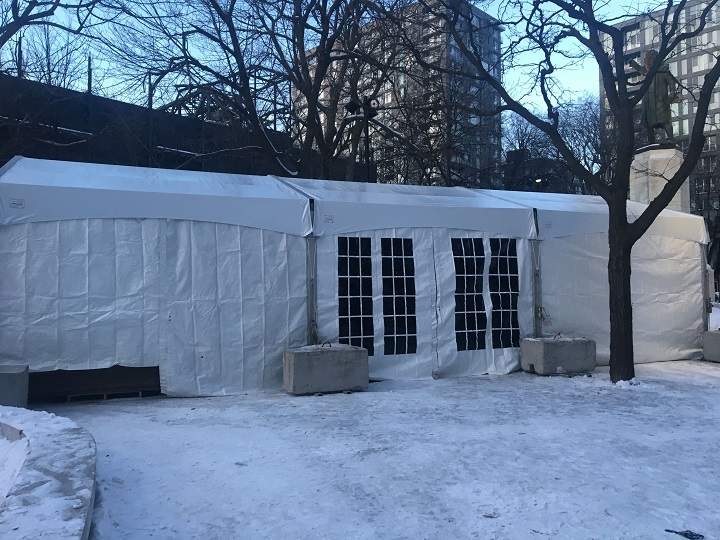 Preparations were underway at Cabot Square for a temporary warming centre being erected in memory of Raphael    Napa André. Monday, Feb. 1, 2021.
