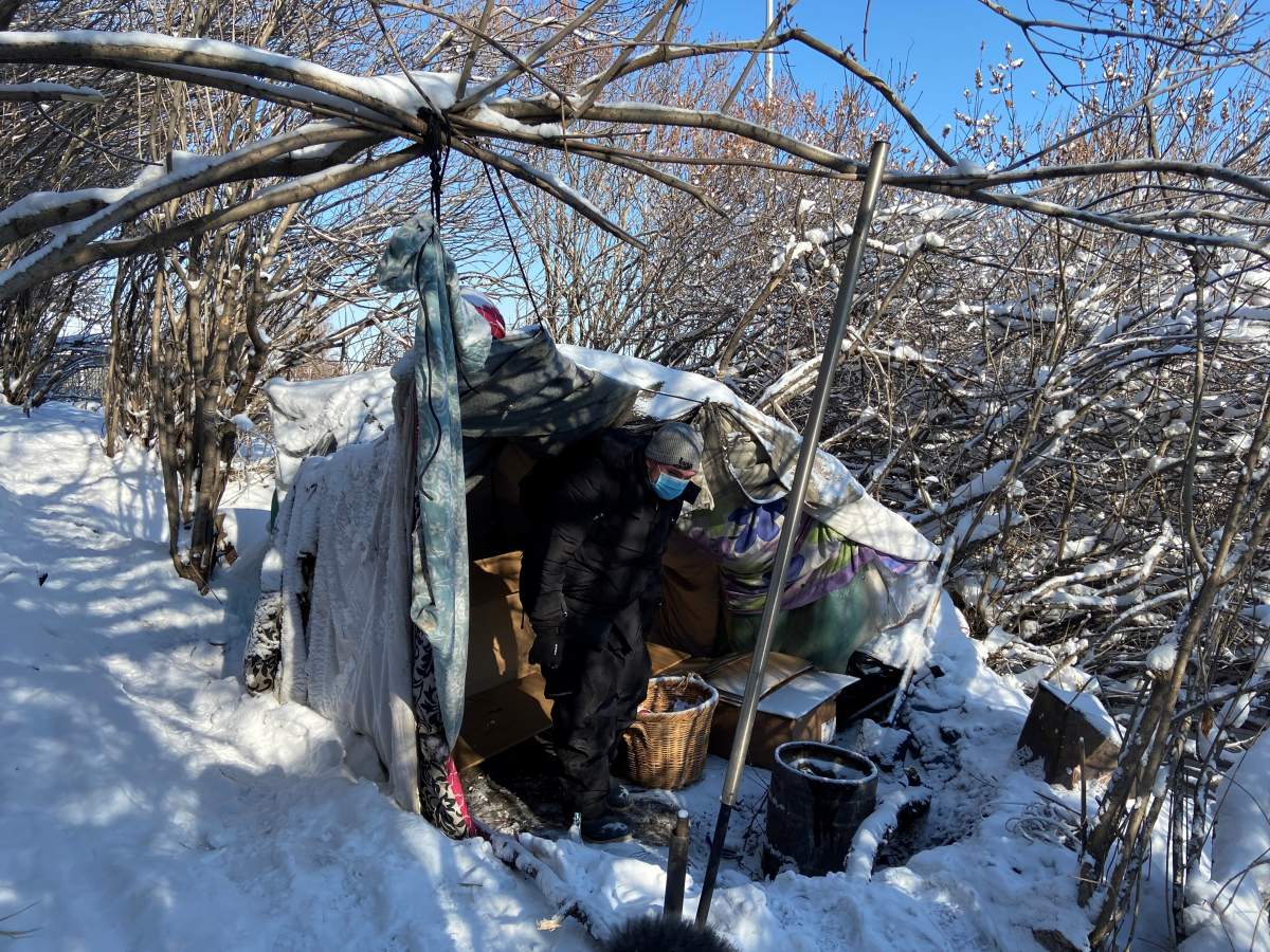 A photo of an encampment along 17 Avenue S.W. in Calgary is pictured on Feb. 9, 2021.
