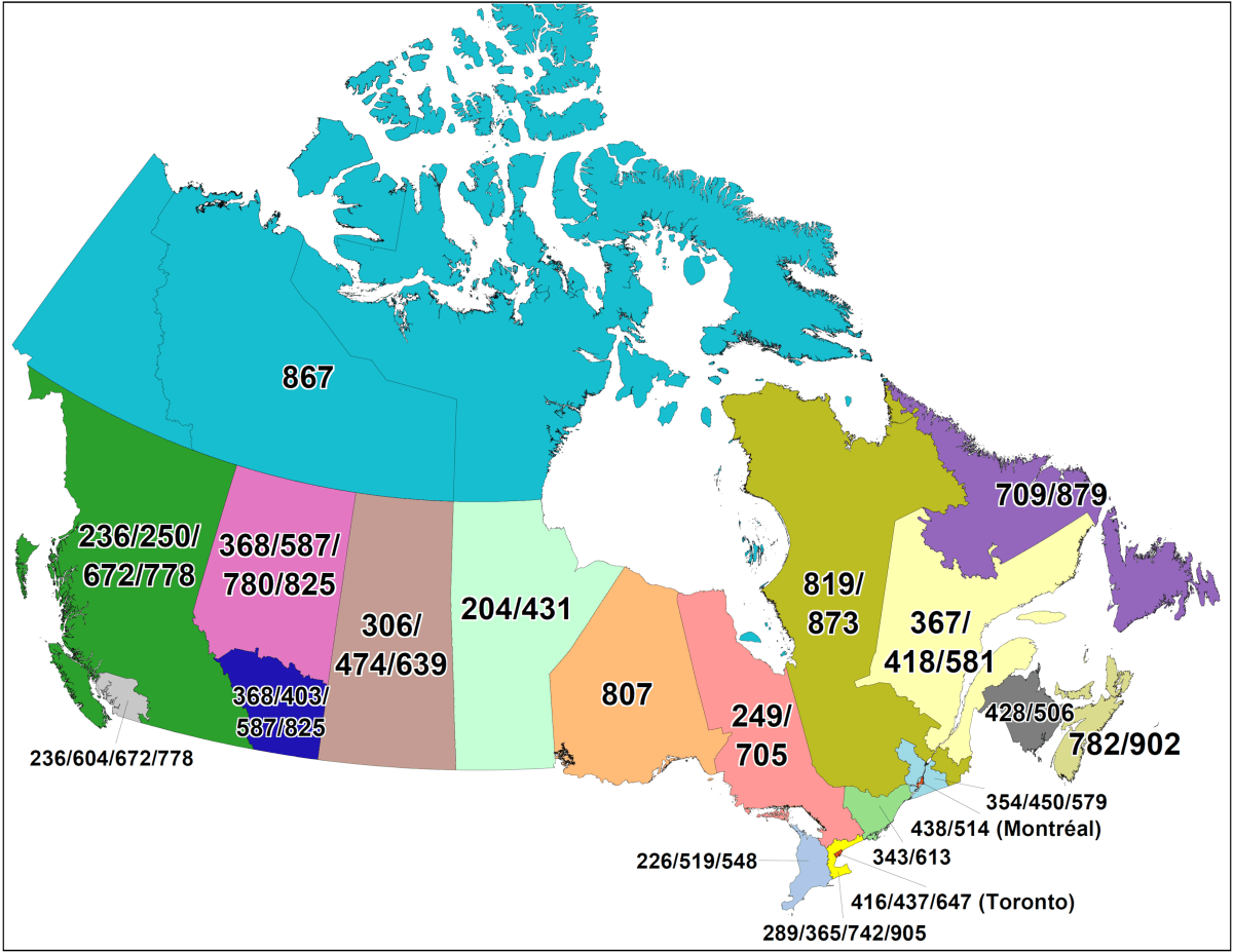 A map of Canada\’s current area codes.