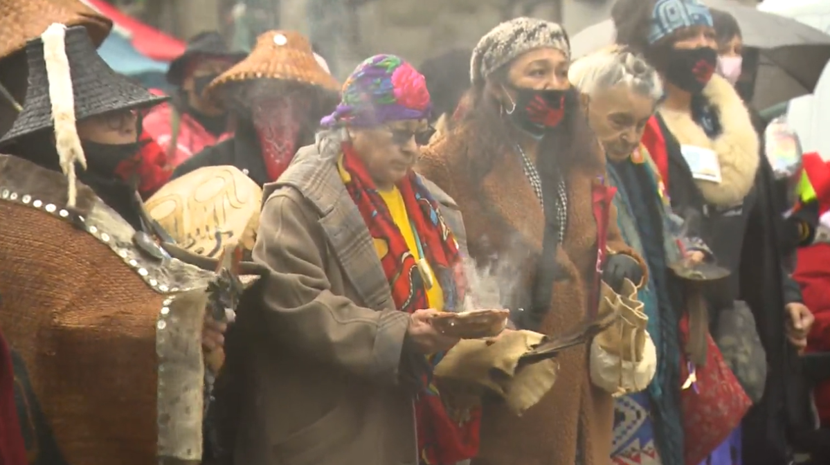 A ceremony is held at Main and Hastings streets in Vancouver's Downtown Eastside, ahead of the 30th Annual Memorial Women's March. 