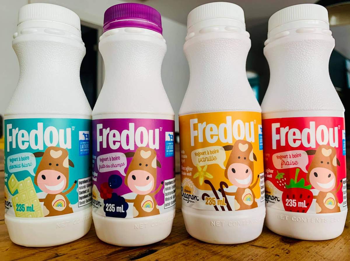 Fredou drinkable yoghurts in four flavours: White chocolate, wild berries, vanilla and Frederique’s favourite strawberry.