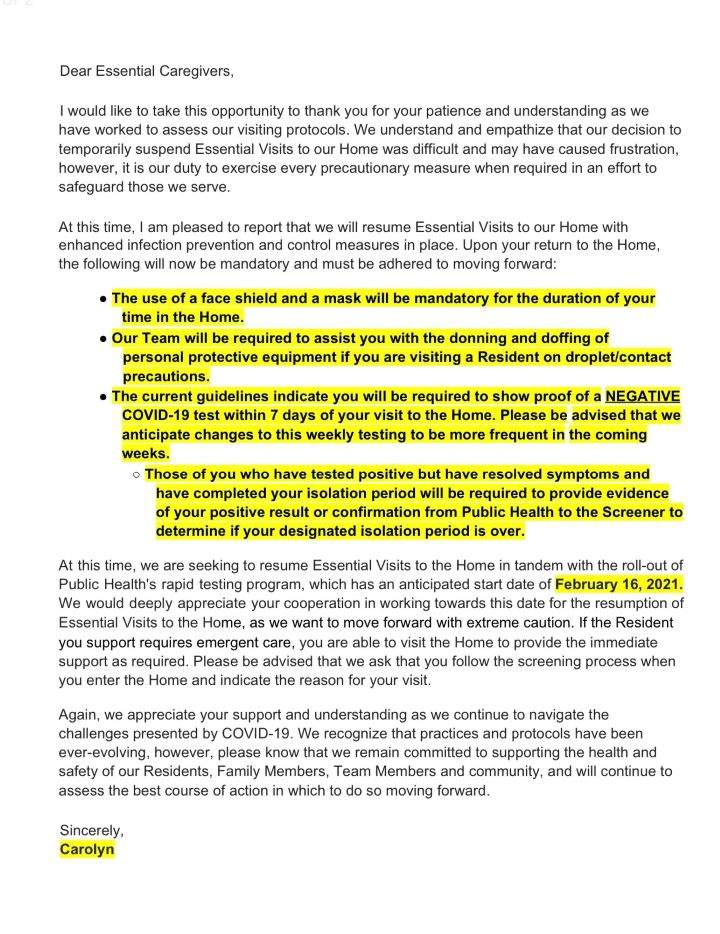 An essential caregiver to a resident at Stayner Care Centre provided Global News with a letter that was sent from the home on Feb. 8.