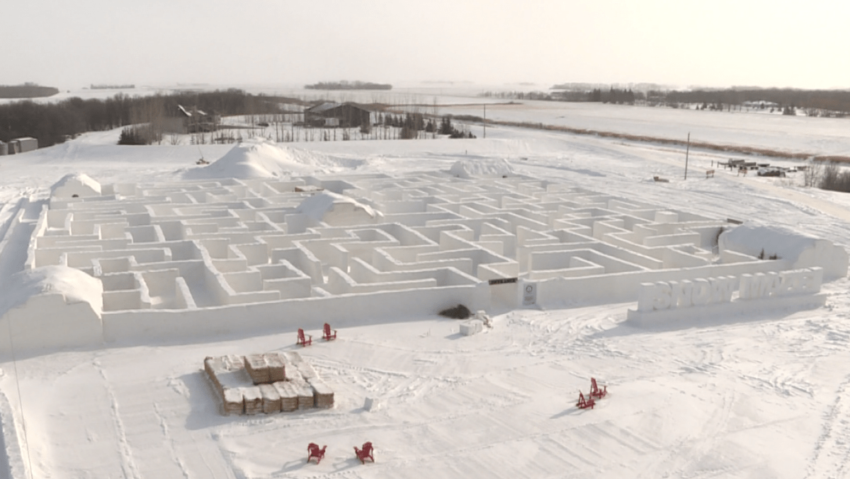An overhead view of the snow maze on Feb. 6, 2021.