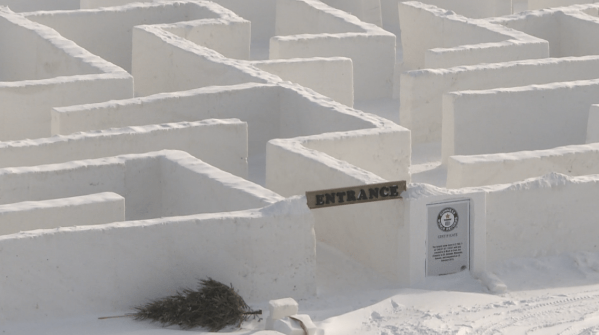 The entrance of the world's largest snow maze in St. Adolphe, Man. pictured on Feb. 6, 2021.