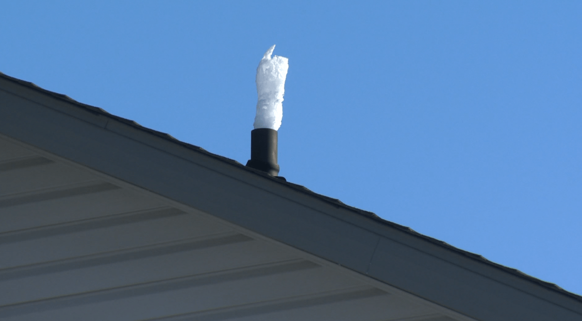 A frozen chimney stack in Winnipeg.