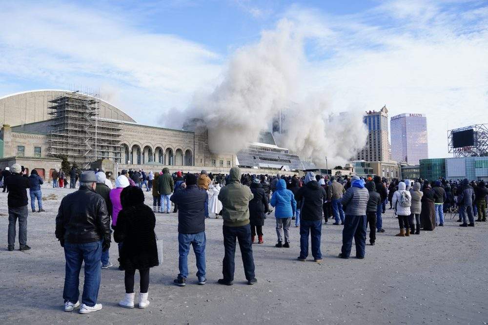 The former Trump Plaza casino is imploded on Wednesday, Feb. 17, 2021, in Atlantic City, N.J.