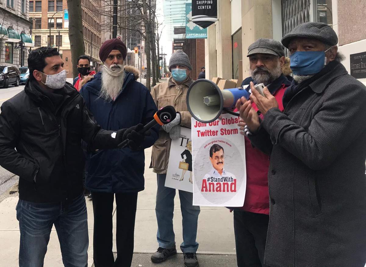 Members of the Punjabi Press Club of B.C. gather outside the Indian consulate in Vancouver on Monday, Feb. 8, 2021. Courtesy: Punjabi Press Club of B.C.