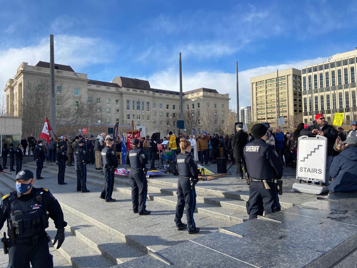 A protest for “freedom” at the Alberta legislature on Saturday, Feb. 20, 2021.