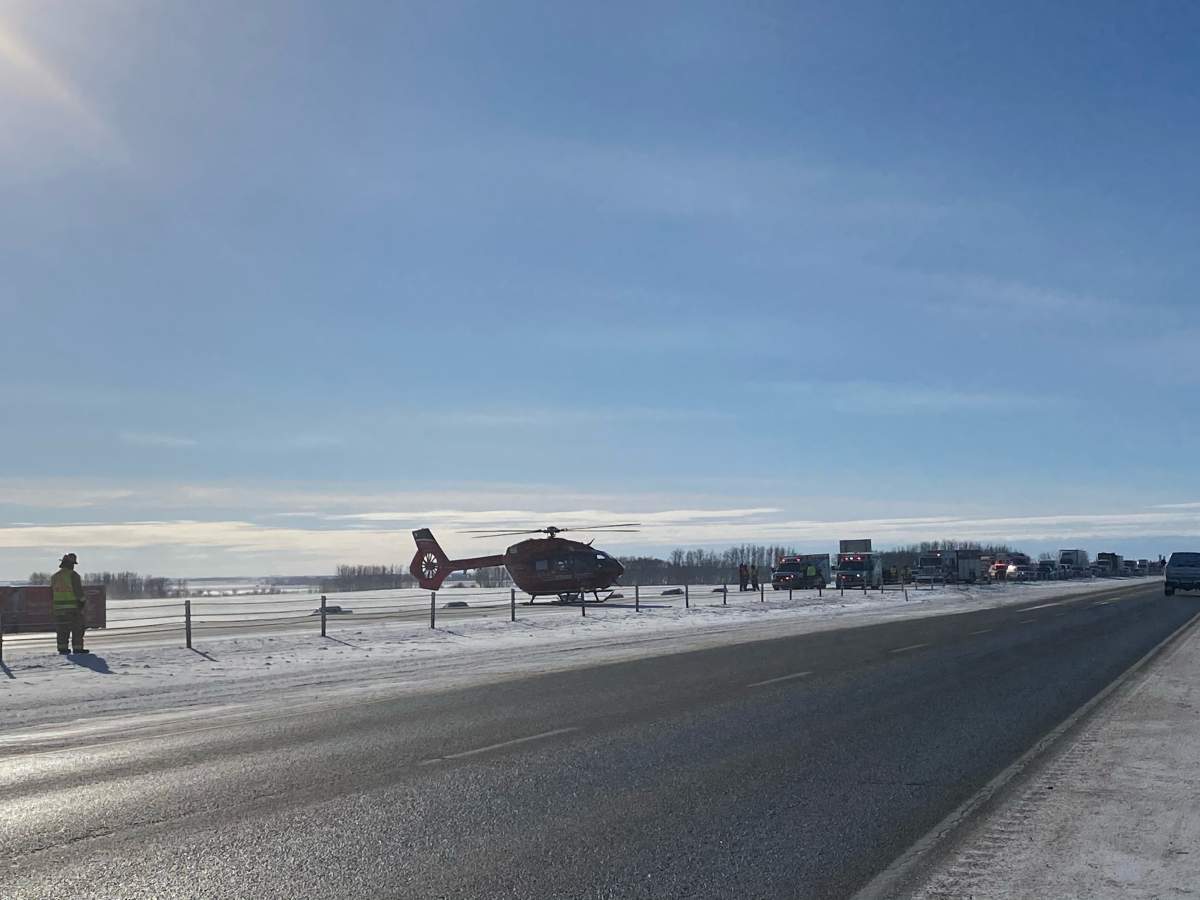Two people were injured, one with life-threatening injuries, in a single-vehicle collision on the QEII Highway between Olds and Didsbury Wednesday, Feb. 17, 2021.