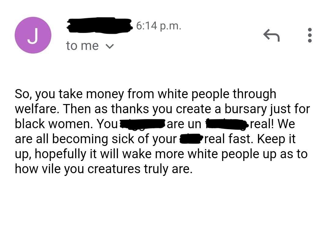 The email sent to La Toya Olson in response to her launch of a bursary for Black mothers.