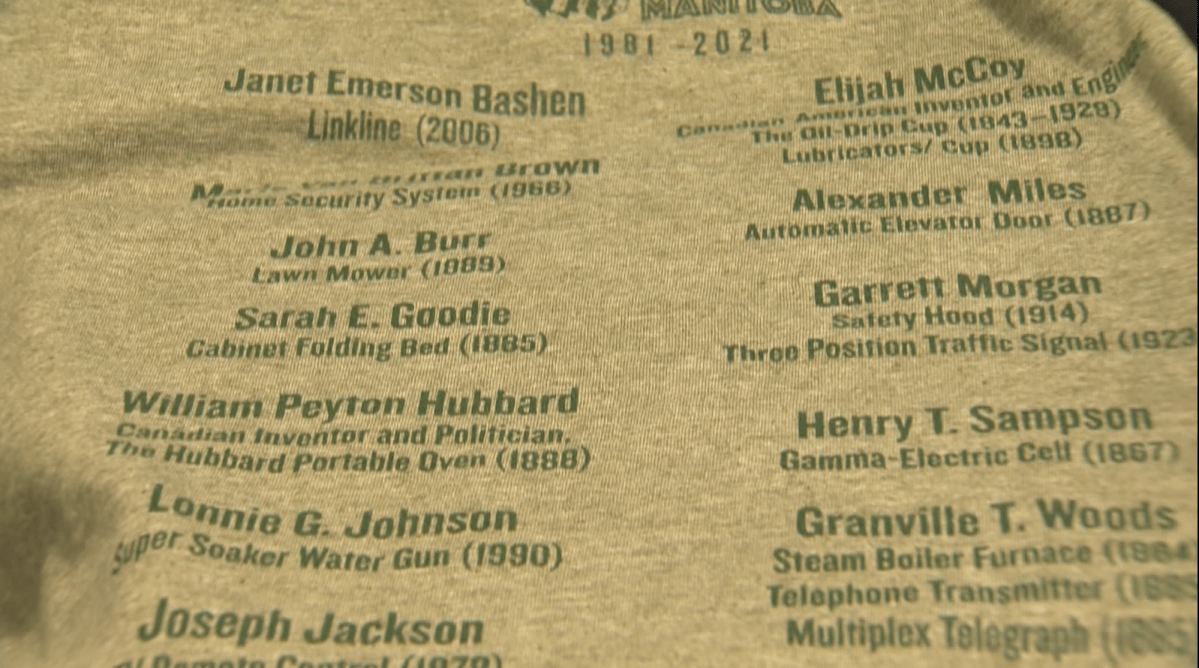 The back of a shirt listing over a dozen inventions by people of colour.