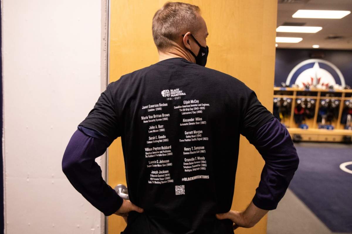 Winnipeg Jets head coach Paul Maurice sporting a “Know Their Names” shirt in the Jets’ locker room on Sunday.