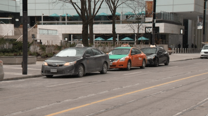 Taxis are seen in Toronto.