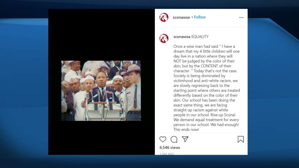 A screenshot from an Instagram account that appears to represent a pro-white group at an Edmonton high school.