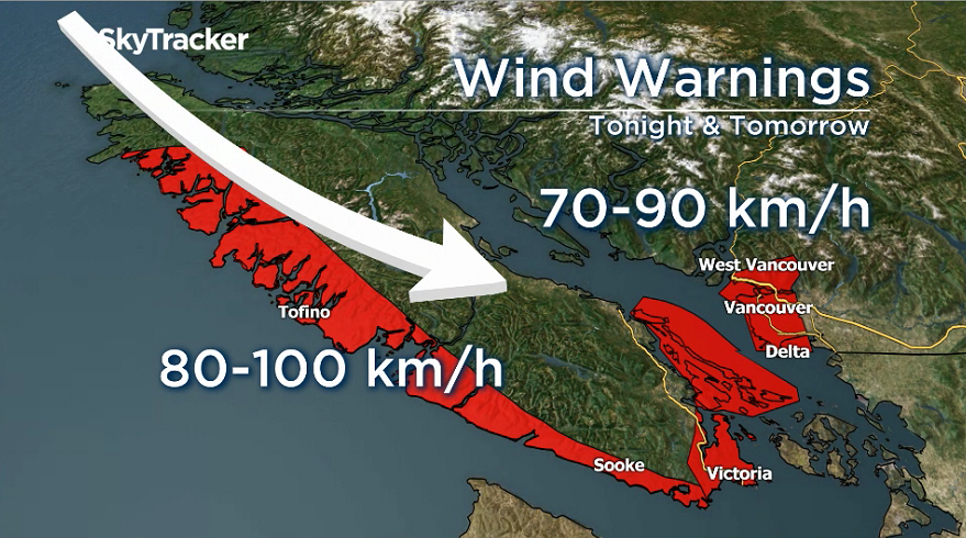 Warnings issued with winds of 70-90 km/h forecast for B.C.’s South Coast - image