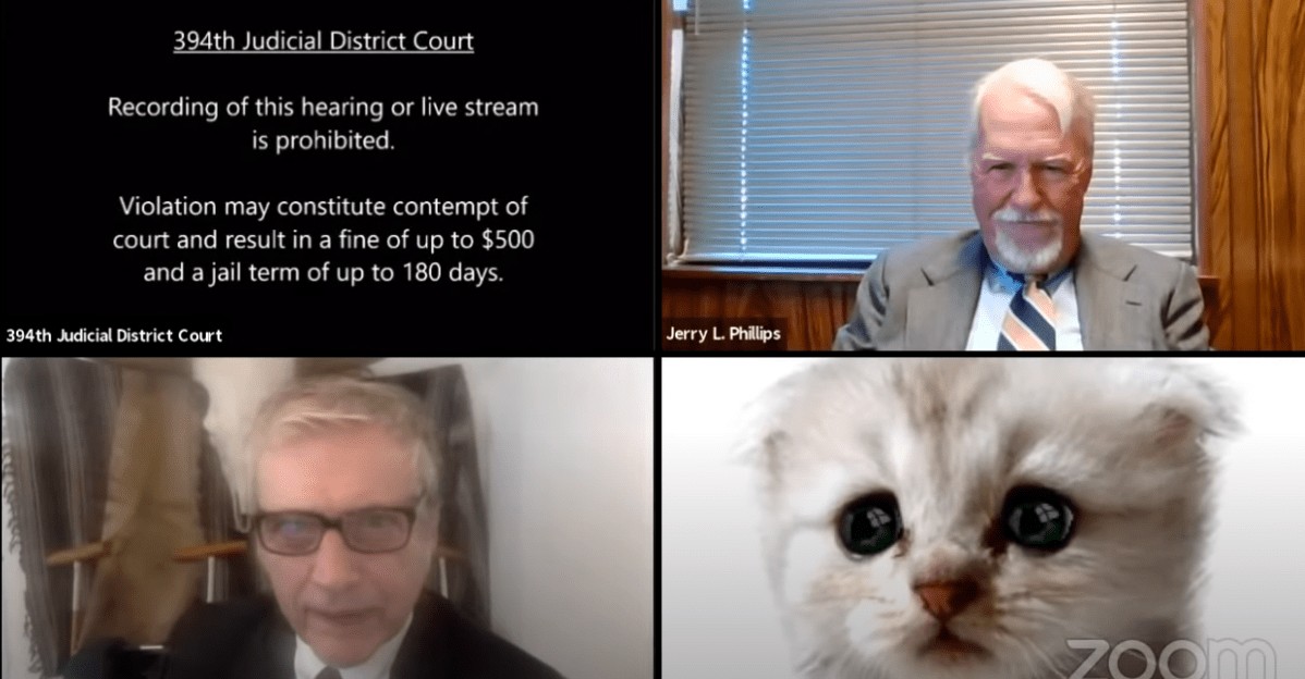 Texas attorney Rod Ponton, bottom right, is shown with a cat filter over his face during a Zoom court hearing, in this image from video released Feb. 9, 2021.