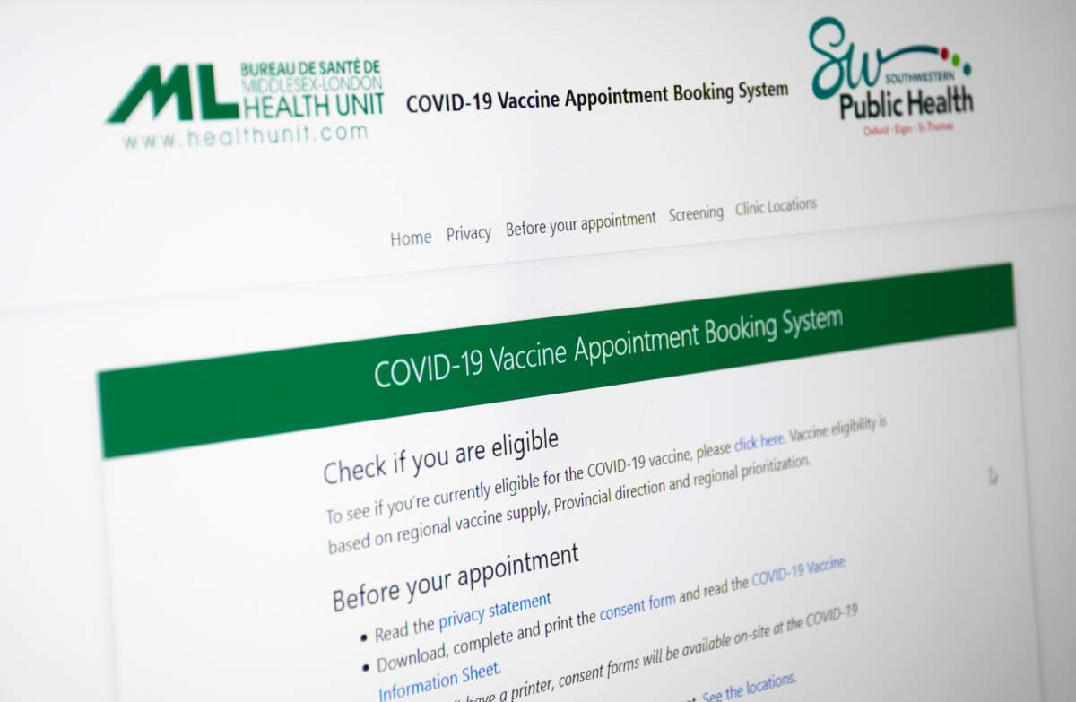 The Middlesex-London Health Unit and Southwestern Public Health vaccination booking website.