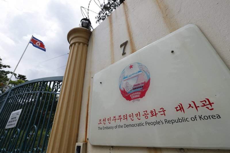 FILE - In this March 29, 2017, file photo, a North Korea flag flies by the entrance to the North Korean Embassy in Kuala Lumpur, Malaysia.