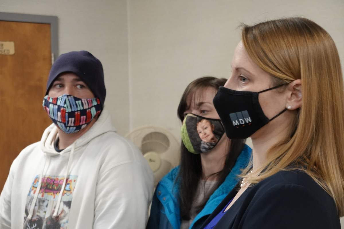 Lawyer Allison Harris is seen with Jason Ehler and Ashley Brown at the Nova Scotia Supreme Court in Truro.
