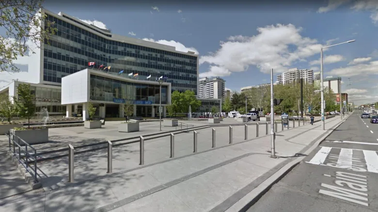 An artist's rendering from Hamilton public works depicting where bollards are to be installed around the city hall forecourt during the spring of 2023.