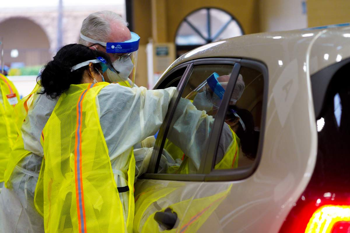 Ross Memorial Hospital in Lindsay will conduct a COVID-19 vaccine drive-thru clinic similar to this setup seen here in San Diego, Calif.