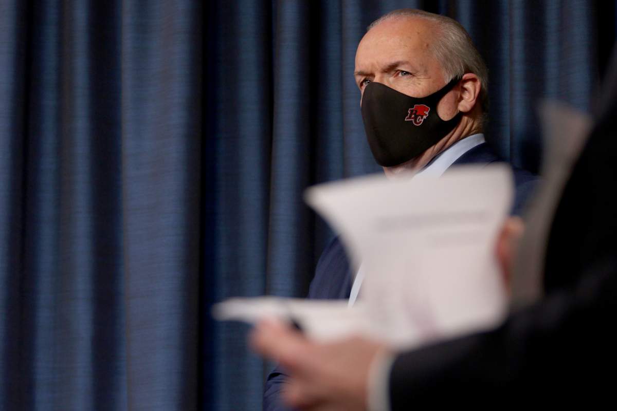 Premier John Horgan is seen during a press conference at Legislature in Victoria, B.C., on Monday, March 1, 2021.