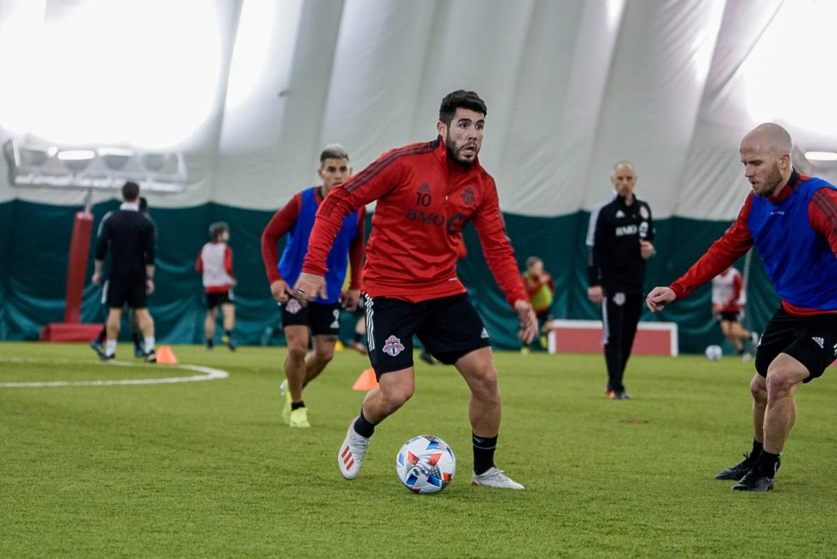 Alejandro Pozuelo dribbles the ball during a training session in Toronto on Wednesday, February 17, 2021 in this handout photo. 