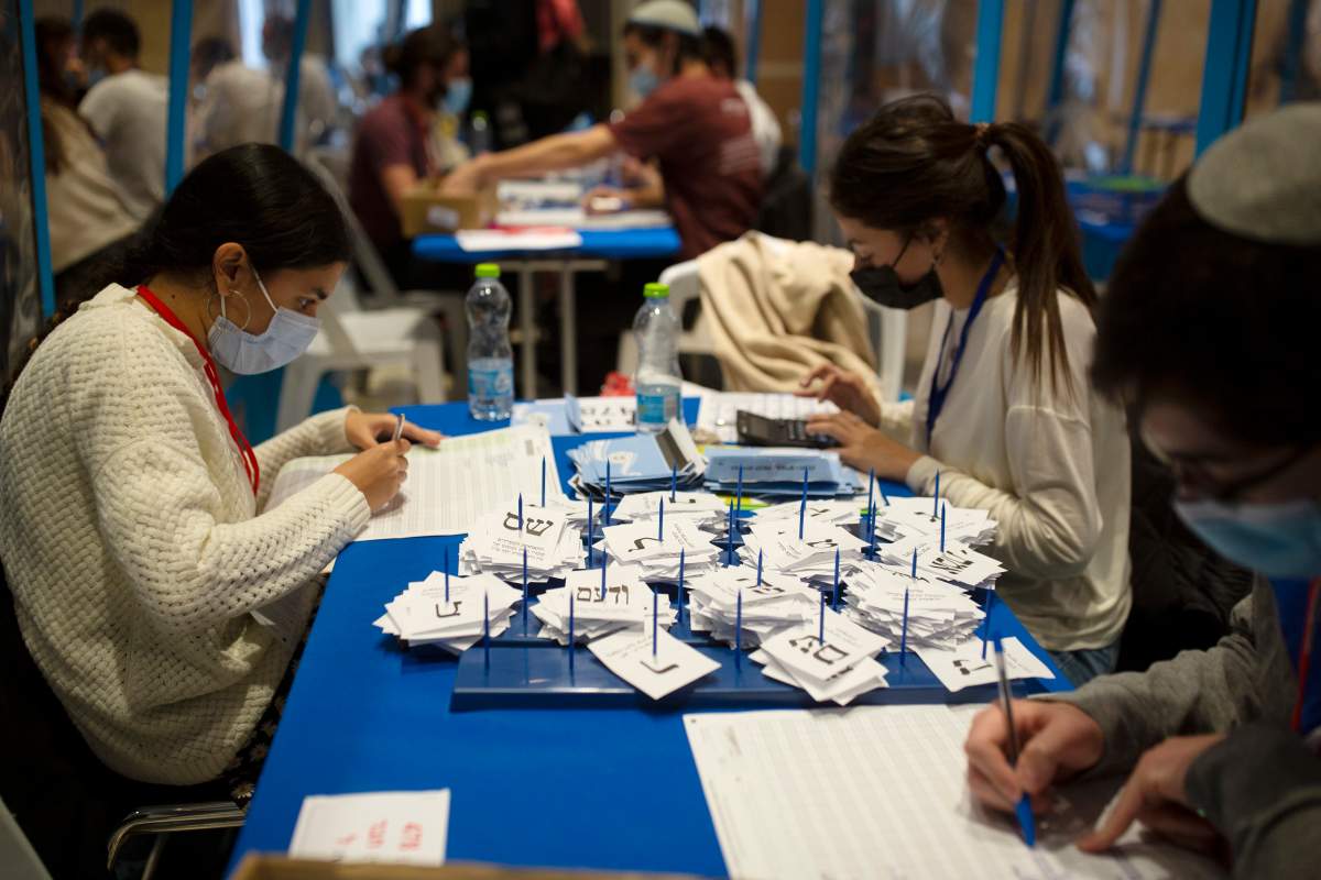 Workers count votes in Israel's national elections wearing and divided in groups by sheets of plastic masks to help curb the spread of the coronavirus, at the Knesset in Jerusalem, Thursday, March 25, 2021.