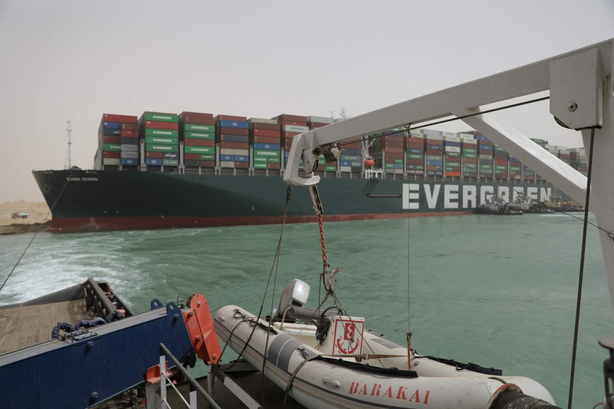Navigation through the Suez Canal is temporarily suspended as large Panamanian container vessel Ever Given continues to block the traffic. Suez Canal, Egypt on March 25, 2021. (Photo by Suez Canal via ABACAPRESS.COM)