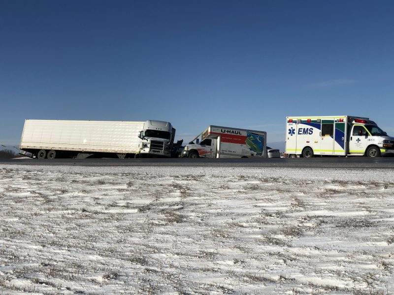 Emergency crews respond to a collision on the QE2 Highway and Highway 72 on March 29, 2021.