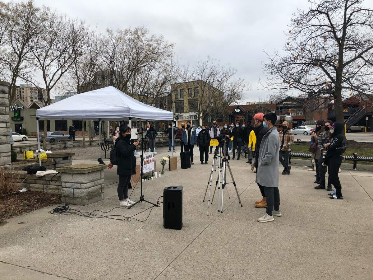 Poet Hae Un (Hayley) Lee shares a piece with supporters during Friday’s Stop Asian Hate Rally and Vigil.