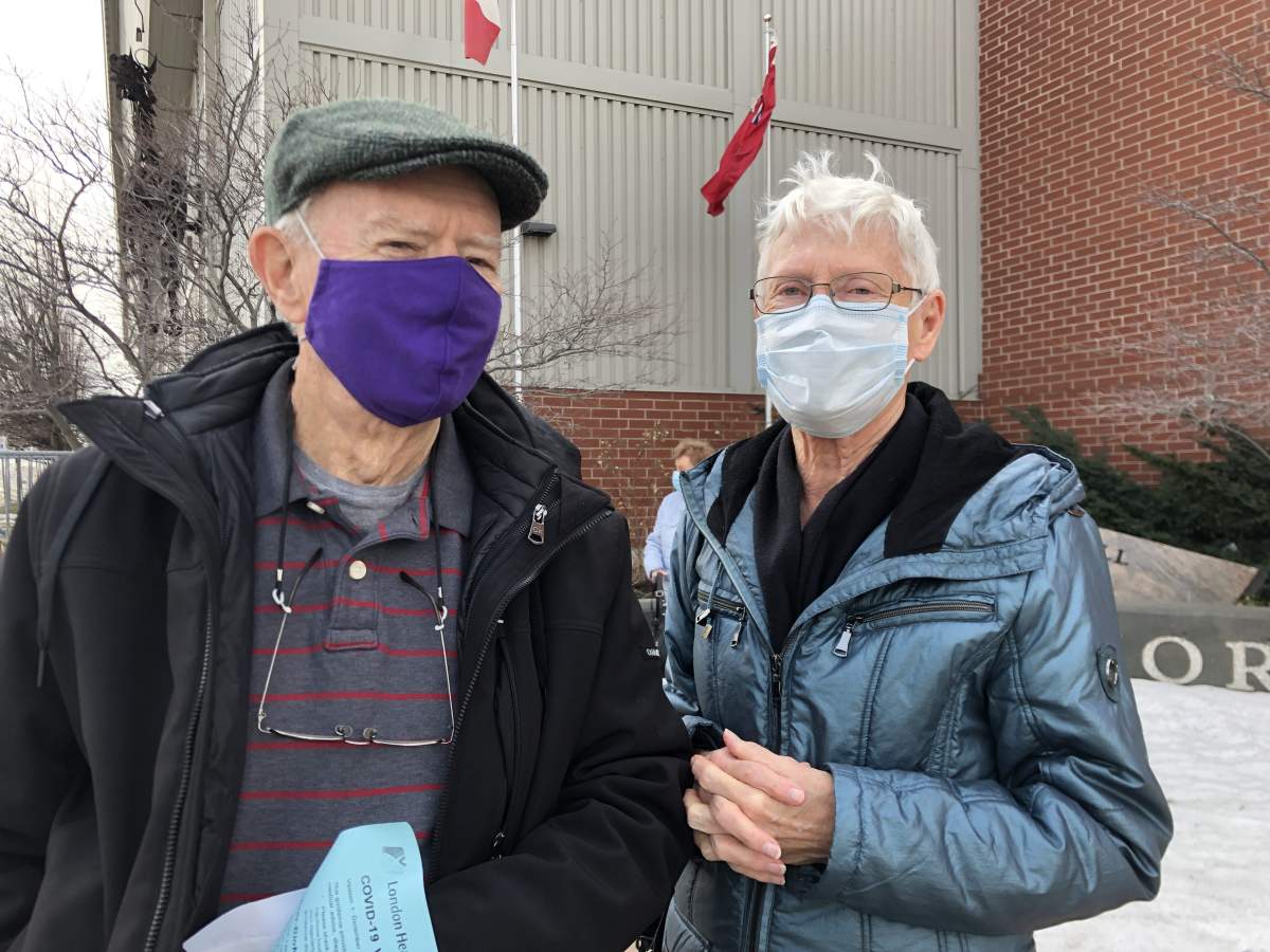 Randy Shouthen, 78, and his wife Marianne, 80 at the Agripex in London after Marianne got her first vaccine for COVID-19 on March 10, 2021