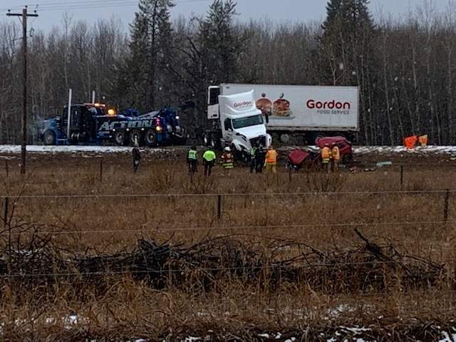 A semi and a passenger vehicle collided on Highway 18 at Range Road 242, north of Edmonton near Westlock, on Wednesday, March 24, 2021.