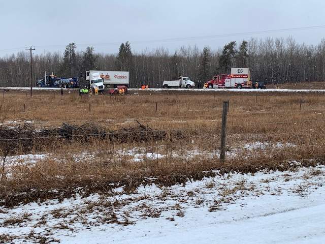 A semi and a passenger vehicle collided on Highway 18 at Range Road 242, north of Edmonton near Westlock, on Wednesday, March 24, 2021. 