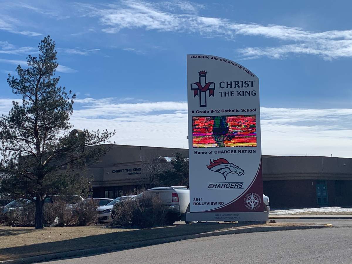 Christ the King school in Leduc, Alta. on March 15, 2021, where a 17-year-old girl was fatally stabbed.
