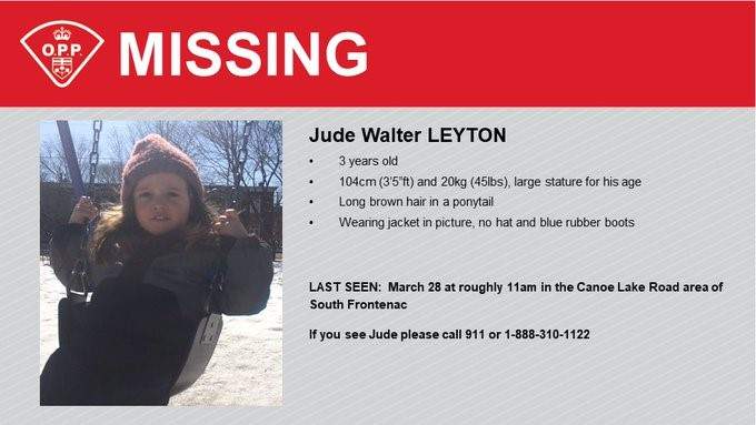 OPP are looking for three-year-old Jude Leyton who went missing in South Frontenac Sunday morning.