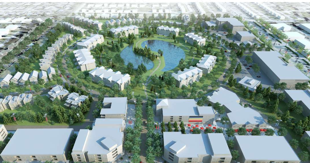 A 2021 rendering of a portion of the  Naawi-Oodena neighbourhood.