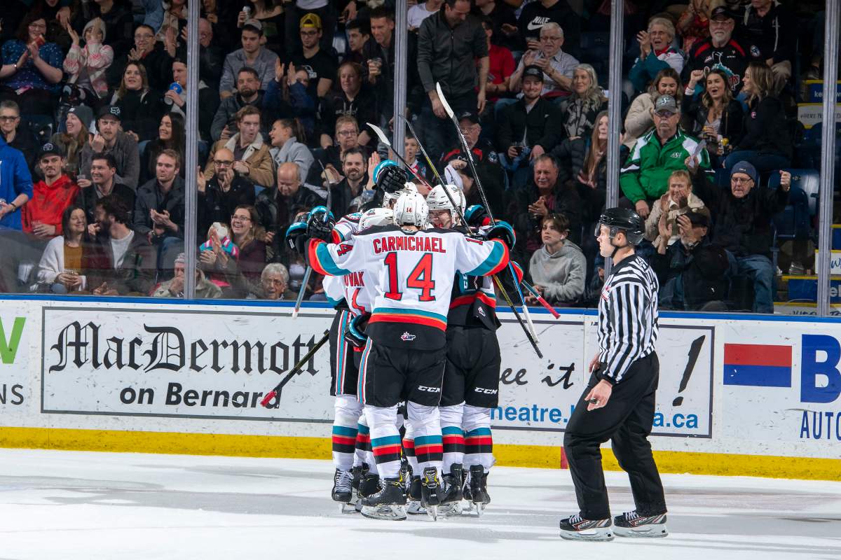 Seen here celebrating a goal last season, the Kelowna Rockets will host the Victoria Royals when their COVID-19 shortened season starts on Friday, March 26.
