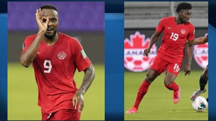 Cyle Larin (left) scored three goals, with Alphonso Davies (right) playing provider each time, as Canada opened its oft-delayed World Cup qualifying campaign Thursday with a comfortable 5-1 win over Bermuda.