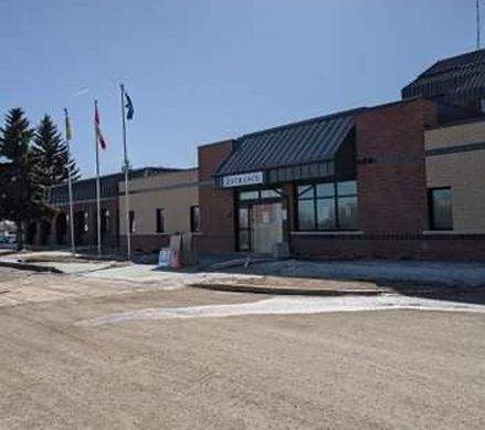 The front doors of the Lloydminster Hospital were boarded up Thursday, after a car crashed through them on Wednesday, March 17, 2021.