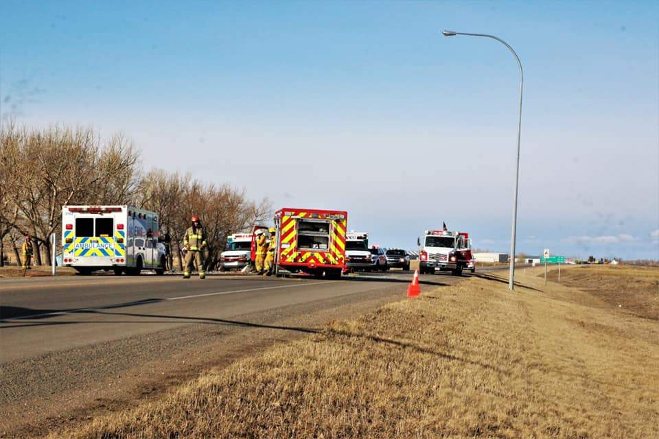 RCMP and M.D. of Taber Fire Service respond to a head on collision on Sunday.