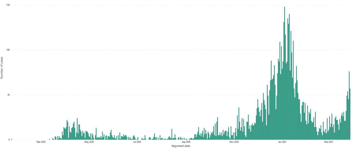 A graph showing daily case counts since the start of the COVID-19 pandemic.