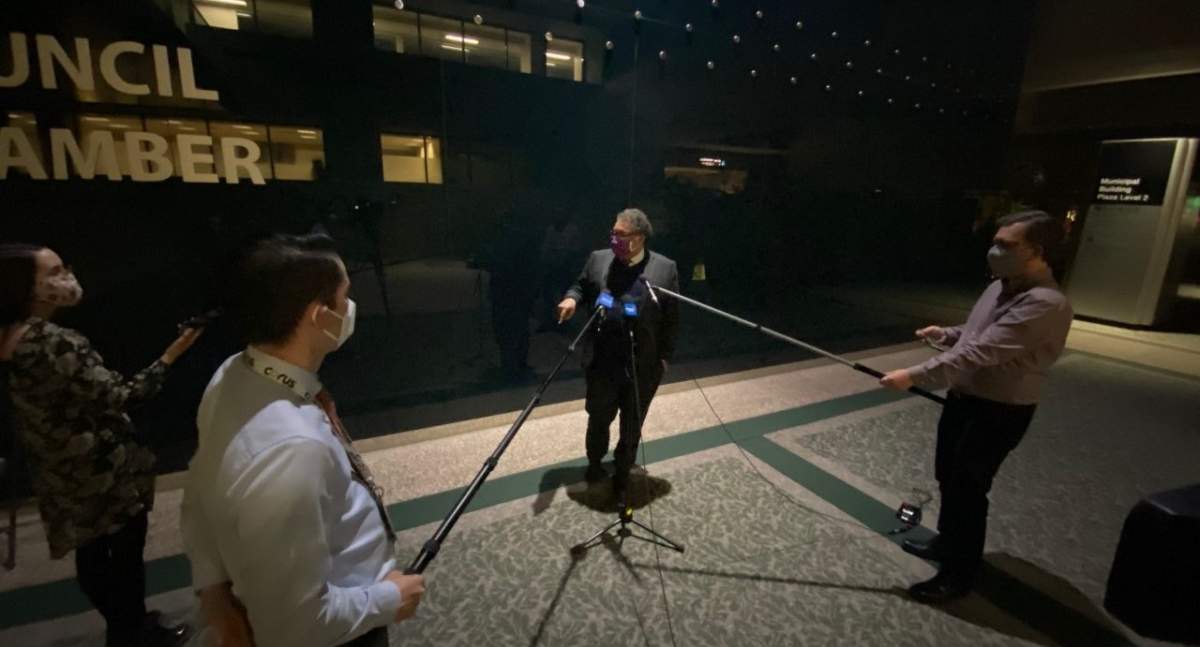 Mayor Naheed Nenshi addresses reporters following three days of public hearing on the Guidebook for Great Communities, pictured on March 24, 2021.