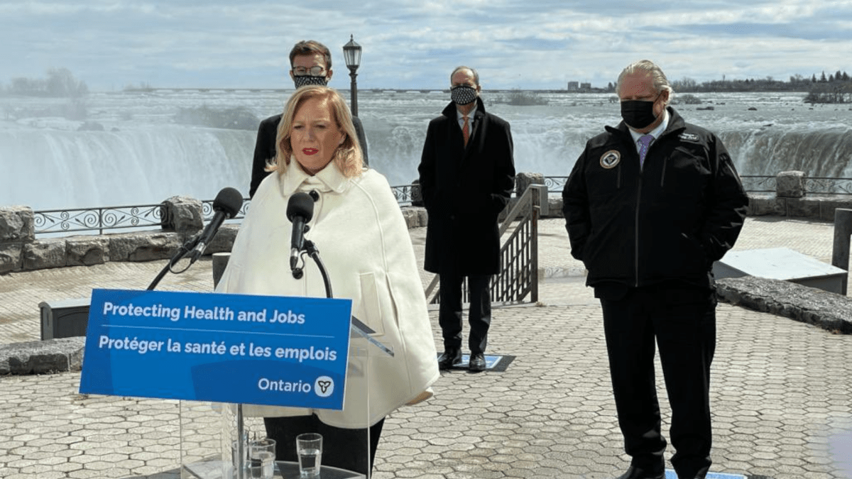 Premier Doug Ford, Heritage and Tourism Minister Lisa McLeod, Peter Bethenfalvy, and Niagara West MPP Sam Oosterhoff in Niagara Falls on March 29, 2021.