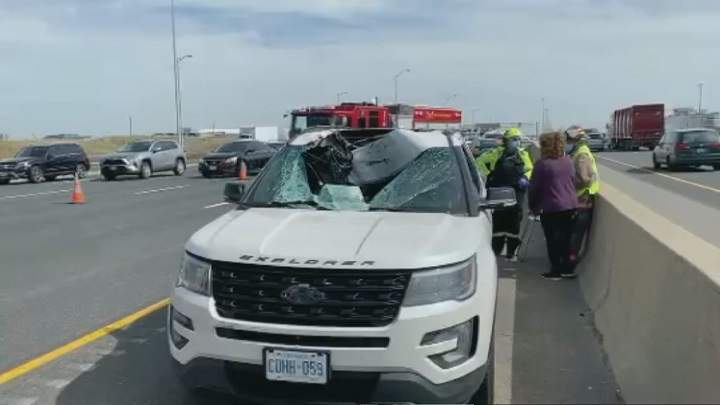 A photo of the vehicle that was damaged after being struck by a flying fire along Highway 401 in Toronto.