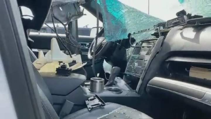 Inside the vehicle that was damaged after being struck by a flying fire along Highway 401 in Toronto.
