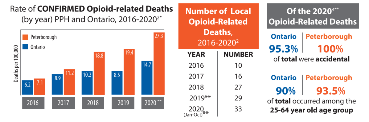 Deaths by suspected opioid overdoses in Peterborough.
