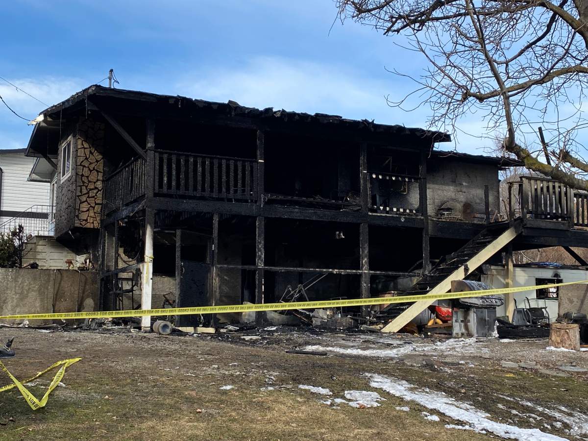 A photo showing the fire-ravaged West Kelowna home.