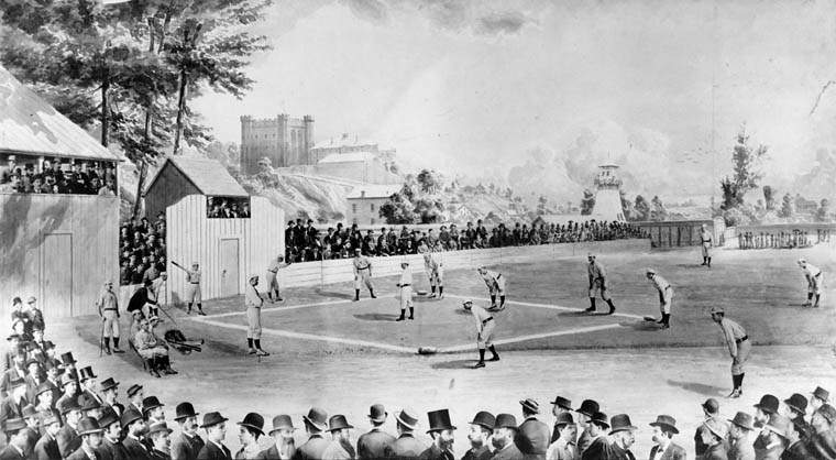 A baseball game between the London Tecumsehs and the Stars of Syracuse at then Tecumseh Park in 1878.