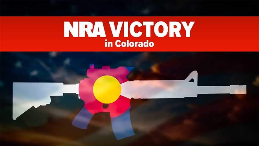 An NRA graphic celebrating a win against an AR-15 ban in Boulder, Colo., is shown.